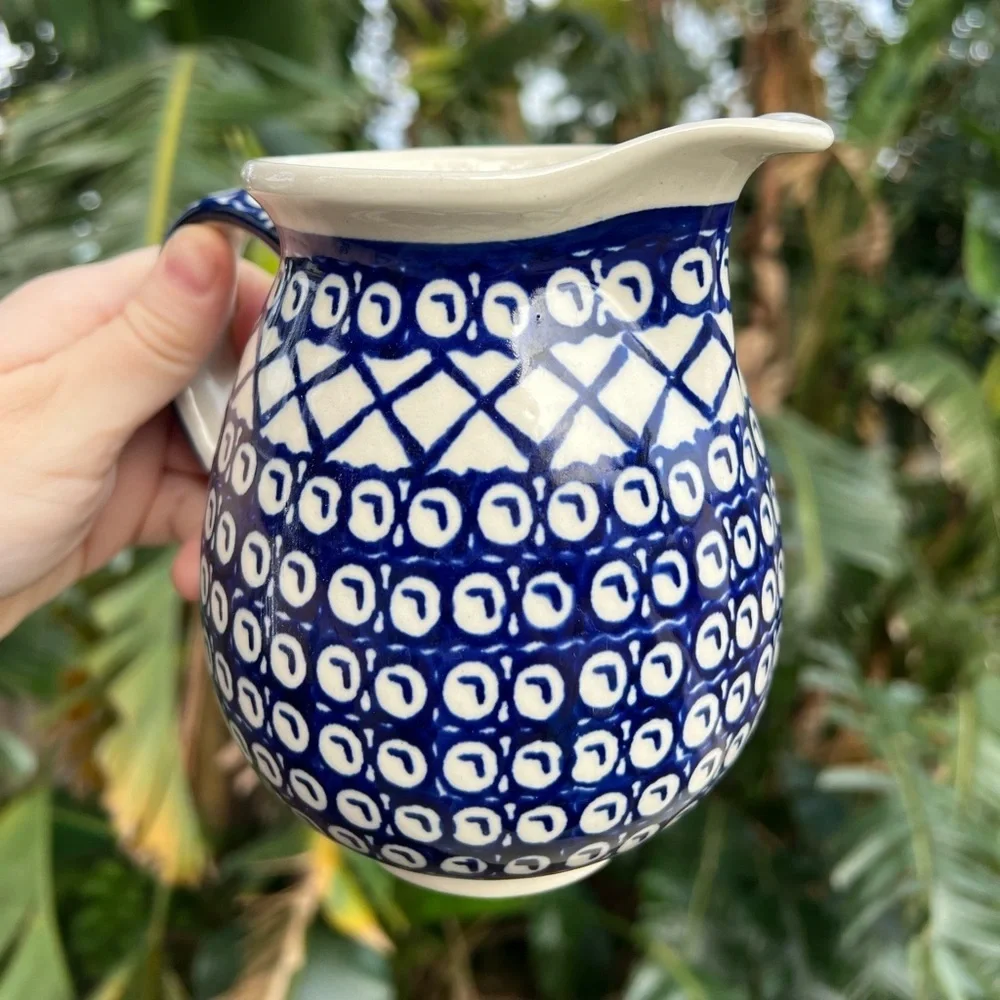 Handmade Polish Pottery Small Serving Pitcher - Bolesławiec, Blue Pattern, 5”